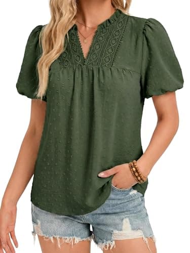 Funlingo Womens Summer Boho Tops Short Sleeve V Neck Blouses for Women Dressy Casual Puff Sleeve Cute Flowy Lace Swiss Dot Bohemian Shirts Green 2XL - Image 1