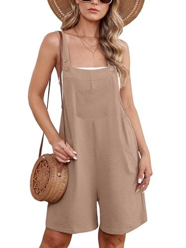 Moodclo Womens Romper Light Khaki 2X-Large Casual Loose Sleeveless 2025 Summer One Piece Outfit Short Jumpsuit Overall Outfits & Pockets - Image 1