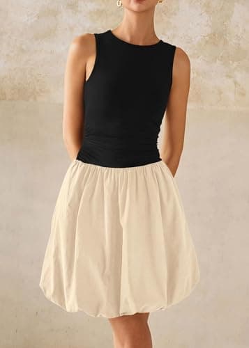 KIRUNDO Summer Bubble Dress for Women 2026 Casual Mini Spring Bodycon Cocktail Dresses Sleeveless Drop Waist Sundress Beach(Black Beige, XX-Large) - Thumbnail 4