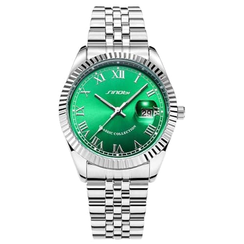 SINOBI Men's Luminous Hand Calendar Date Quartz Watch Classic Stainless Steel Watches for Men (Silver-Green) - Image 1