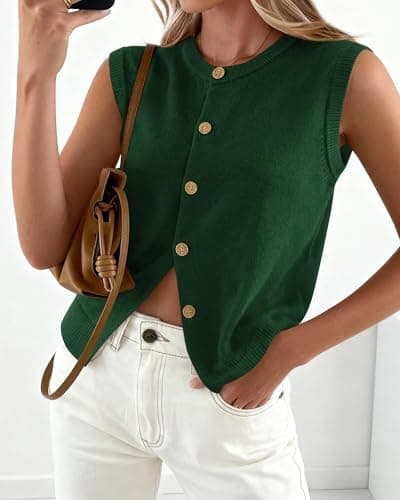 BTFBM Sweater Vest Women Casual Crewneck Button Down Knit Sleeveless Cardigan 2026 Spring Clothes Summer Vests Tops(Dark Green, X-Large) - Thumbnail 3
