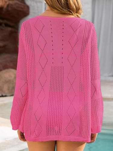 VIAURBE Womens Bikini Cover Ups Sexy Scoop Neck Long Sleeve Mesh Knit Beach Dresses for Women 2025 Vacation Hot Pink L - Thumbnail 6