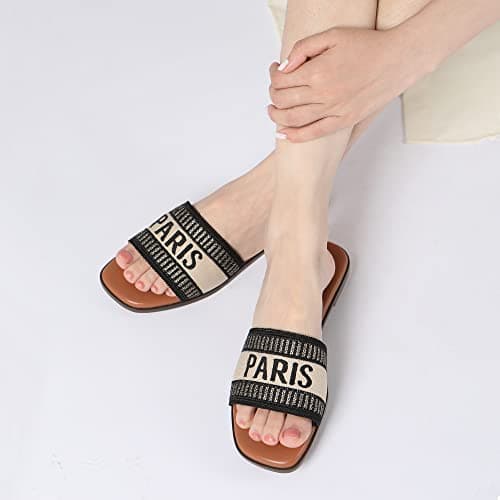 Athlefit Women's Slides Summer Fashion Slip On Flat Sandals Dressy Black Multi Size 6 - Thumbnail 2