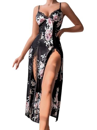CRIPOM Satin Nightgowns for Women Long Lingerie Lace Chemise Womens Nightgowns Sexy Silk Pajamas for Women Set Black Slip Dress Black Floral L - Image 1