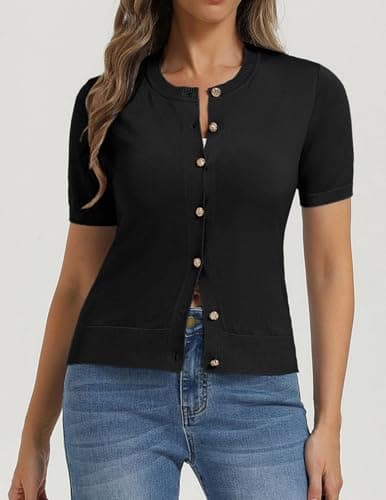 Black Short Sleeve Cardigan Sweater Plus Size Lightweight Sweater Tops Button Up Summer Cardigan (Black, 2XL) - Thumbnail 2