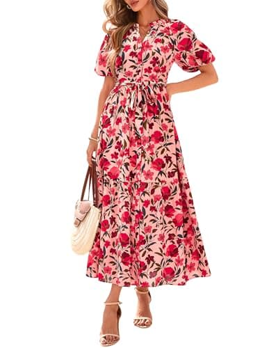 BTFBM Summer Dresses for Women 2026 Boho Short Sleeve V Neck Button Belt Flowy Spring Clothes Beach Vacation Maxi Dress(Floral Red Orange Pink, Medium)