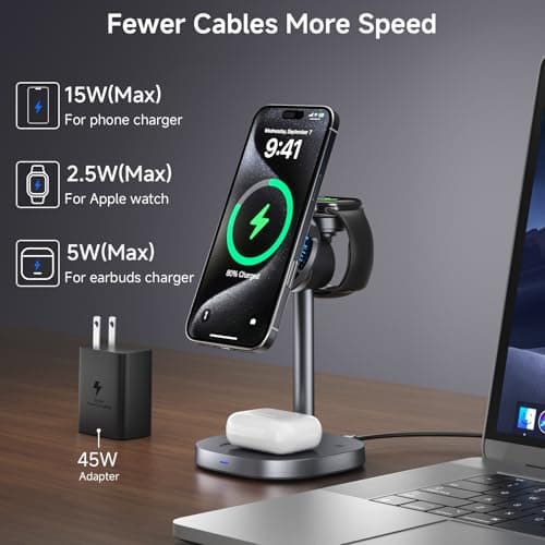 3-in-1 Magnetic Wireless Charging Stand, rotatable Wireless Charger with Heat Dissipation Function, Qi2 Certified 15W Charger, Compatible with iPhone 17-12 Series, Apple Watch and AirPods. - Thumbnail 2