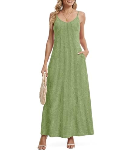 LILBETTER Women's Boho Maxi Dress Adjustable Strap V Neck Summer Sundress with Pockets(Green Small) - Image 1