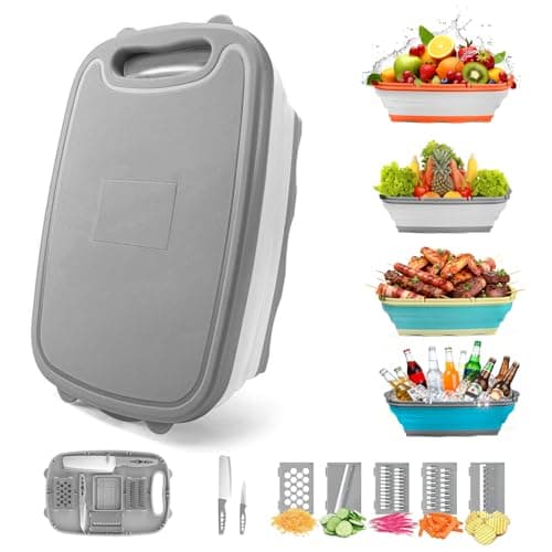 Gintan Camping Cutting Board, 9-in-1 Collapsible Chopping Board with Colander, Kitchen Vegetable Washing Basket for Camping, Camping Gifts Camping Accessories for RV Campers (Gray) - Image 1