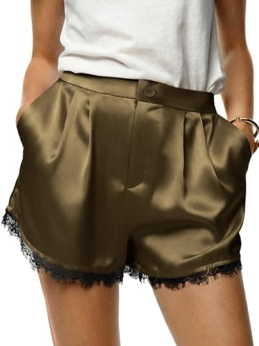 Tankaneo Womens Satin Silk Shorts Summer Casual High Waist Lace Button Lounge Shorts with Pockets Army Green - Image 1
