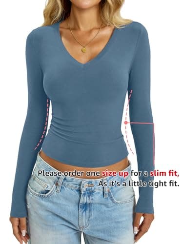 EasyGala Womens Cotton Long Sleeve Shirts V Neck Slim Fit Tops Going Out Outfits 2025 Fashion Fall Spring Clothes Kyanite Large - Thumbnail 3