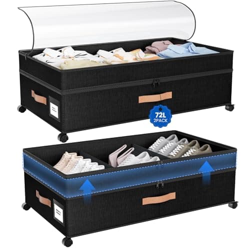 Mqaue Under Bed Storage with Wheels, 72L XXL Under the Bed Storage Containers Large, 10‘’ Tall Adjustable Storage for Underbed with Lids, Rolling for Shoes, Clothes, Blankets, Black - Image 1