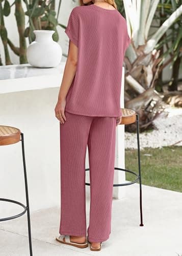 KIRUNDO 2 Piece Sets for Women Dressy Casual Ribbed Knit Short Sleeve Tops Wide Leg Pants Lounge Set Travel Airport Outfits(Purple Red, Small) - Thumbnail 2