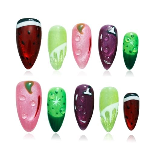 Tesytto Fruit Press on Nails Medium Almond - Cat Eye Effect with Hand-painted Watermelon Lemon & 3D Water Drop Cute Edgy Style, Thick Acrylic and Muti-Layer Gel False Nails (Fruit Party, M) - Thumbnail 3