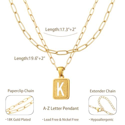 LETFLY Initial Gold Necklaces for Women, 18K Gold Plated Letter Layering Necklace Square Shaped Pendant with Adjustable Paperclip Chain for Womens Jewelry Gifts Alphabets K - Thumbnail 4