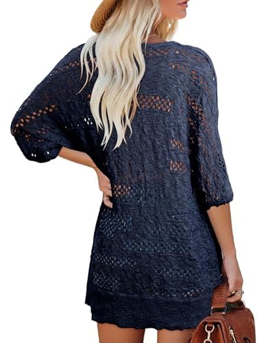 KISSMODA Summer Crochet Short Sleeve Cardigan for Women Navy Open Front Casual Lightweight Kimono Cover Ups for Grocery Runs XL - Thumbnail 6