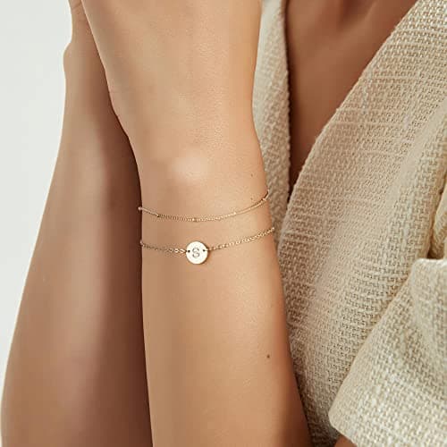 MONOZO Initial Bracelets for Women Jewelry Gifts, Dainty 14K Gold Filled V letter Initial Bracelet Personalized Disc Monogram Charm Bracelet Jewelry Gifts for Women Bridesmaids - Thumbnail 2