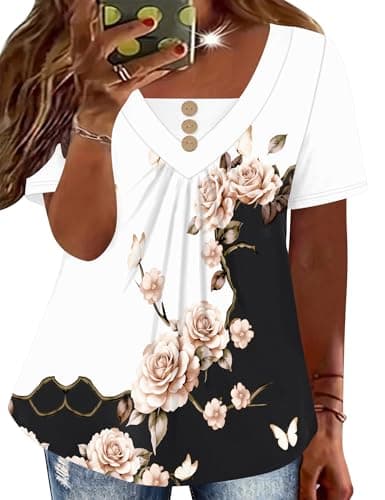 TFSDOD Short Sleeve Shirts for Women Plus Size 2026 Trendy Tops Button Up Pleated Blouses Summer Curved Hem Outfits Black White Floral 4XL - Image 1