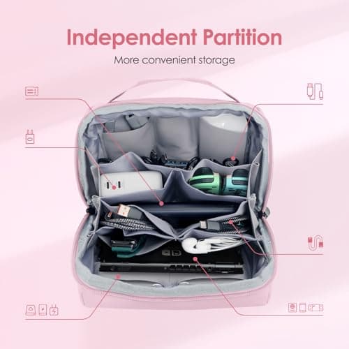 LENTION Premium Electronics Organizer Case with Handle, Large Multi-Compartment Travel Tech Bag for Tablet, Chargers, Cables, AirPods & Toiletries, Waterproof Travel Accessory Organizer (M372 Pink) - Thumbnail 3