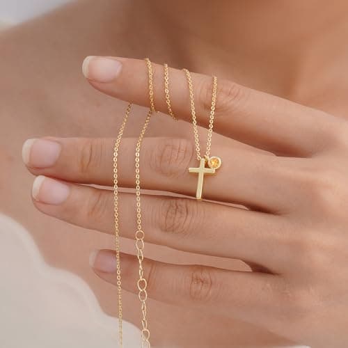 Turandoss Gold Cross Necklace for Women Trendy - 14K Gold Plated Dainty Cross Pendant Birthstone Necklaces, October Birthstone Necklace, Created Pink Sapphire Necklaces for Women Girls Jewelry Gifts - Thumbnail 5