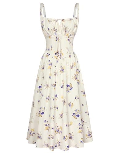Scarlet Darkness Women's Floral Midi Dress Corset Sundresses 2026 Summer Spring Vacation Milkmaid Dresses Beige Purple Floral M - Image 1