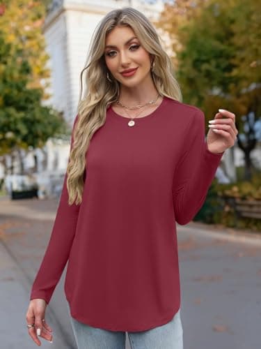 JUSTFASHIONNOW Womens Tops Long Sleeve Shirts Crew Neck Tunics or Tops To Wear with Leggings Casual Christmas T Shirts Fall Trendy Blouse (Wine Red, Large) - Thumbnail 4