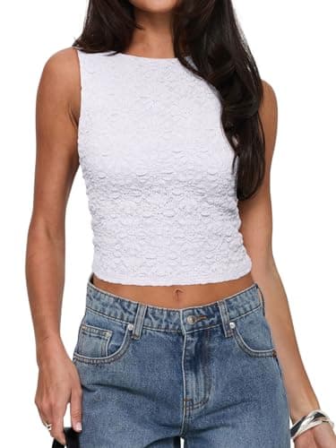 REORIA Women's Summer Sexy Open Back High Neck Sleeveless Tank Top Double Lined Y2k Lace Twist Backless Crop Tops White Large - Image 1