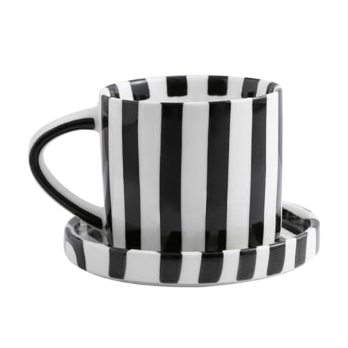 Cup and Saucer Set Hand-Painted Black Stripes, 8 Oz Ceramic Coffee Mug, Espresso Cups, Porcelain Coffee Cup for Cappuccino, Espresso, Coffee, Tea, Cafe Mocha, Latte, Set of Cup Gift for Coffee Lover