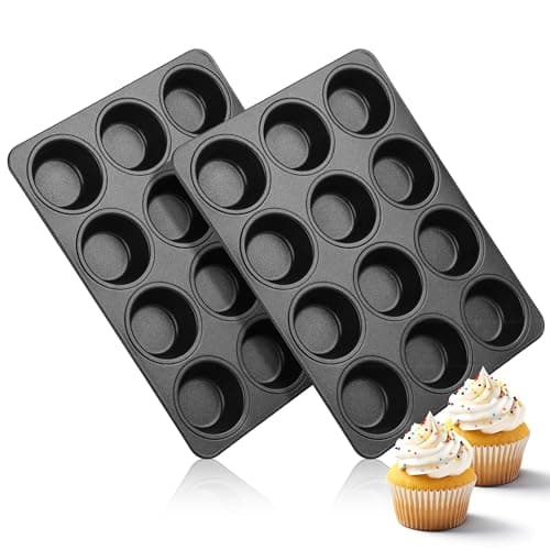 Herogo Nonstick Muffin Pan Tin 12 Cups Set of 2, Metal Nonstick Cupcake Tray Set for Making Egg Muffin Quiches, Mini Brownie, Easy to Clean & Quick Release, Oven & Dishwasher Safe, Black - Image 1