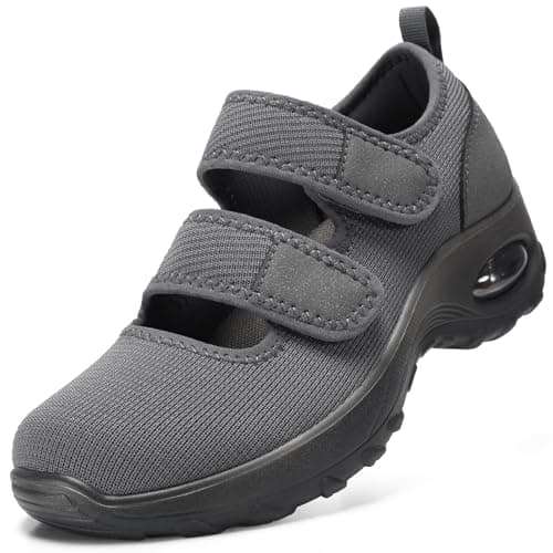 STQ Orthopedic Walking Shoes Adjustable Barefoot Mary Jane Diabetic Shoes Comfortable Breathable Nurse Shoes, Dark Grey, Size 6.5