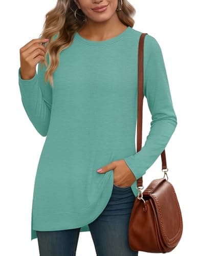 JUSTFASHIONNOW Womens Long Sleeve Tunic Tops to Wear with Leggings Crew Neck Side Split Layering Shirts Loose Fit Long Tops Cadet Blue - Thumbnail 4