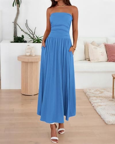 BTFBM Summer Maxi Dresses for Women 2026 Strapless Ruched Tube Top Beach Vacation Spring Wedding Guest Dress Pockets(Blue, Large) - Thumbnail 6