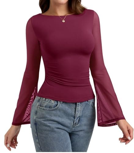 PINKMSTYLE Sexy Sheer Mesh Boat Neck Bell Sleeve Tops Ruched Going Out Tops for Women Long Sleeve Burgendy Large - Thumbnail 2