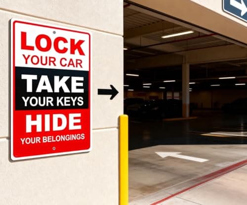Parking Security Warning Sign – “Lock Your Car, Take Your Keys, Hide Your Belongings” Metal Tin Sign, Garage & Parking Lot Safety Notice, Shop & Property Warning, 8 x 12 Inch - Thumbnail 2