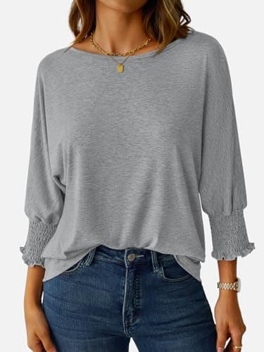 NORACORA Women's 2025 Fashion Tops 3/4 Sleeve T-Shirts Smocked Cuffs Cute Dressy Casual Crewneck Basic Business Tees Blouses Gray XS - Thumbnail 2