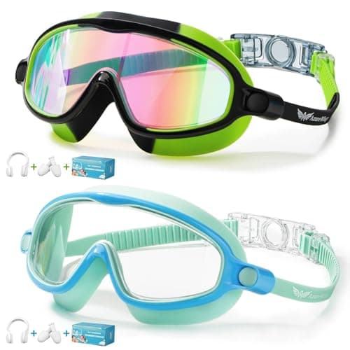 AzureWings 2 Pack Swim Goggles for Kids, No Leak Anti-Fog Anti-UV Swimming Goggles for Boys Girls Children 4-14 (Camo Mir-Black & Blue Green)