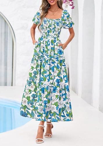 PRETTYGARDEN Womens Summer Puff Short Sleeve Maxi Dress Square Neck Smocked Tiered Ruffle A Line Long Flowy Beach Dresses (Floral Blue Green,Large) - Thumbnail 6
