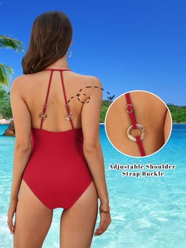 Women One Piece Tummy Control Swimsuit Full Coverage Slimming Swimwear Push Up Bathing Suit Red - Thumbnail 6