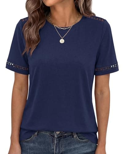 BTFBM Summer Tops for Women Lace Short Sleeve Shirt 2026 Spring Casual Loose Crew Neck Cotton Knit Cute Business Blouses(Navy Blue, Medium) - Thumbnail 4