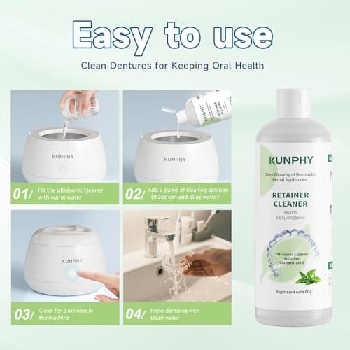 KUNPHY Ultrasonic Retainer Cleaner Solution Concentrate - 2 Pack Value Bundle, Professional Cleaning for Retainers, Dentures, Invisible Aligners, Mouth Guards, Removes Odors & Stains, 16 oz (Mint) - Thumbnail 6