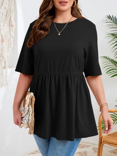 Beautife Womens Plus Size Summer Babydoll Tops Short Sleeve Crew Neck T Shirts Peplum Casual Loose Fit Blouse Black - Thumbnail 2