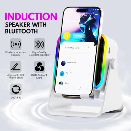 TARKARI Wireless Induction Speaker, 5 in 1 Bluetooth Speaker with Phone Stand, Charging Function 360° Rotation Phone Holder Compatible with iPhone Android iPad Samsung, Birthday Gifts for Men Women - Thumbnail 2