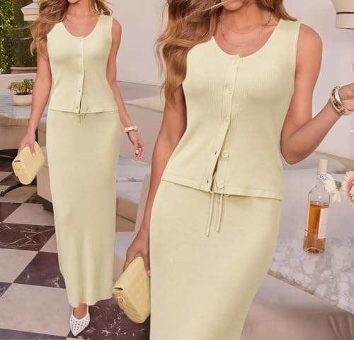 Arach&Cloz Women's 2 Piece Skirt Sets 2025 Summer Vacation Outfits Sleeveless V Neck Button Down Sweater Vest Tops and Maxi Skirt Casual Going Out Matching (Apricot M) - Thumbnail 6