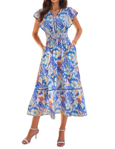 GRACE KARIN 2026 Summer Wedding Guest Dresses for Women Ruffle Sleeve Boho Midi Dress Smocked Flowy Floral Dress with Pocket Blue Orange S - Image 1