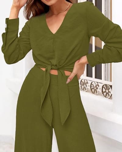 PRETTYGARDEN Women's 2 Piece Outfits 2026 Spring Fashion V Neck Long Sleeve Strappy Crop Top Wide Leg Pant Lounge Sets(Olive Green,Large) - Thumbnail 4