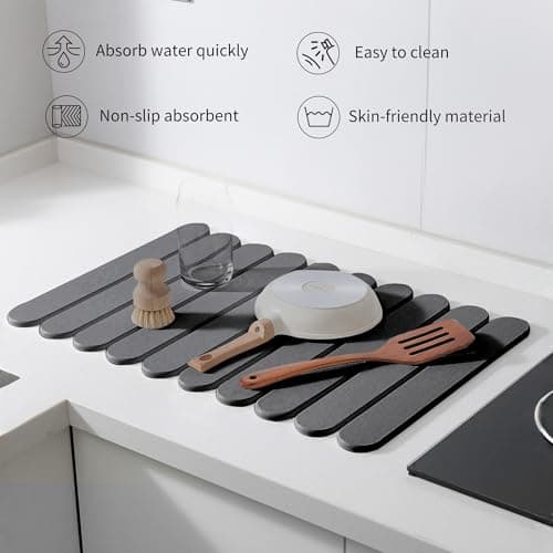 24"×16" Grey Stone Dish Drying Mats for Kitchen Counter, Large Quick Dry Collapsible Eco-Friendly Super Absorbent Diatomaceous Earth Heat-resistant Mat for Dishes Bottles Cups, Match Any Countertop - Thumbnail 4