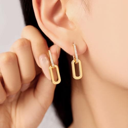 14K Gold Plated Gold Paperclip Earrings For Women Trendy Link Huggie Hoop Earrings Gold Chain Statement Drop DanglEarrings with Cubic Zirconia Jewelry Gifts For Her Silver - Thumbnail 3