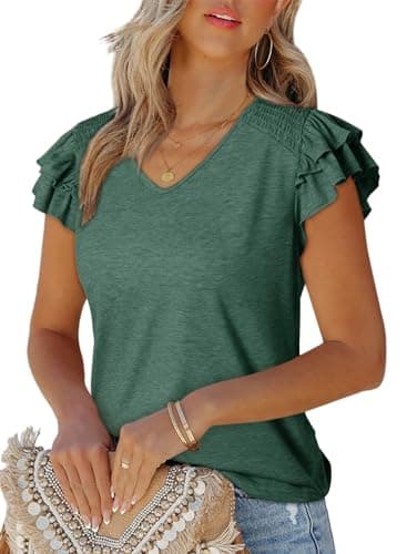 Dokotoo Women's Clothing V Neck Shirts Ruffle Short Sleeve Solid Color Business Summer Top for Women 2026 Tunic Tops for Women Casual Loose Fit Vacation Clothes,Blackish Green Medium - Image 1