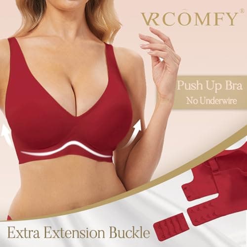 Jelly Wireless Bra for Women Deep V Push Up Seamless T-Shirt Bras Comfortable Plunge No Underwire Bra with Adjustable Straps Everyday Bras Red - Thumbnail 2