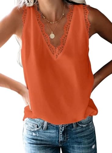 BLENCOT Womens Tops Ladies V Neck Lace Trim Tank Top Casual Loose Sleeveless Dressy Blouse Shirts Work Camisole Orange Red XS - Image 1